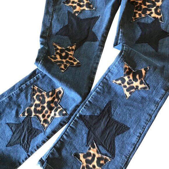 Patchwork Jeans, Size 12 Short: Boho Hippie Pants, Leopard Print Stars - Picture 11 of 14